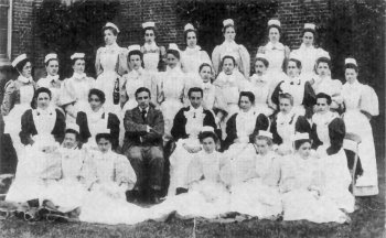 The Matron, Miss Mary Mocatta and an unknown doctor with the nursing staff circa 1897